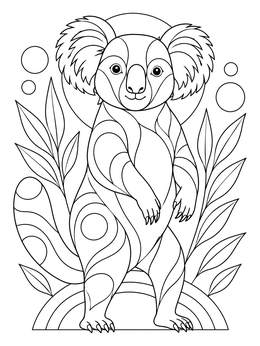 A decorative koala stands upright on this australian animals coloring page.
