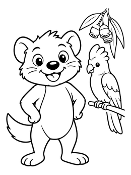 A happy cartoon Tasmanian devil and a perched bird in this australian animals coloring page.