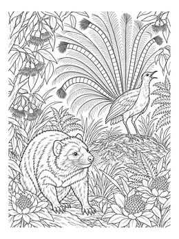 A detailed australian animals coloring page with a Tasmanian devil and a displaying lyrebird in the bush.