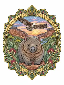 Wombat And Soaring Eagle Mandala – Australian Animals Coloring Page