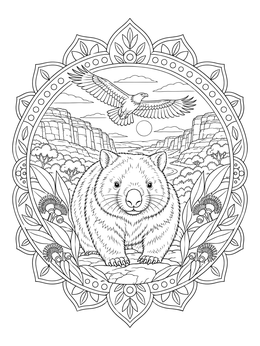 A fluffy wombat in a canyon on this detailed australian animals coloring page.