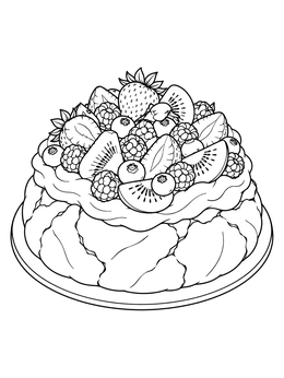 A delicious Christmas in Australia coloring page of a pavlova topped with berries and kiwi.