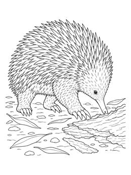 An echidna searches near bark in this realistic australia coloring page.