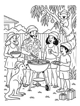 Free printable Australian Family Christmas Barbecue coloring page
