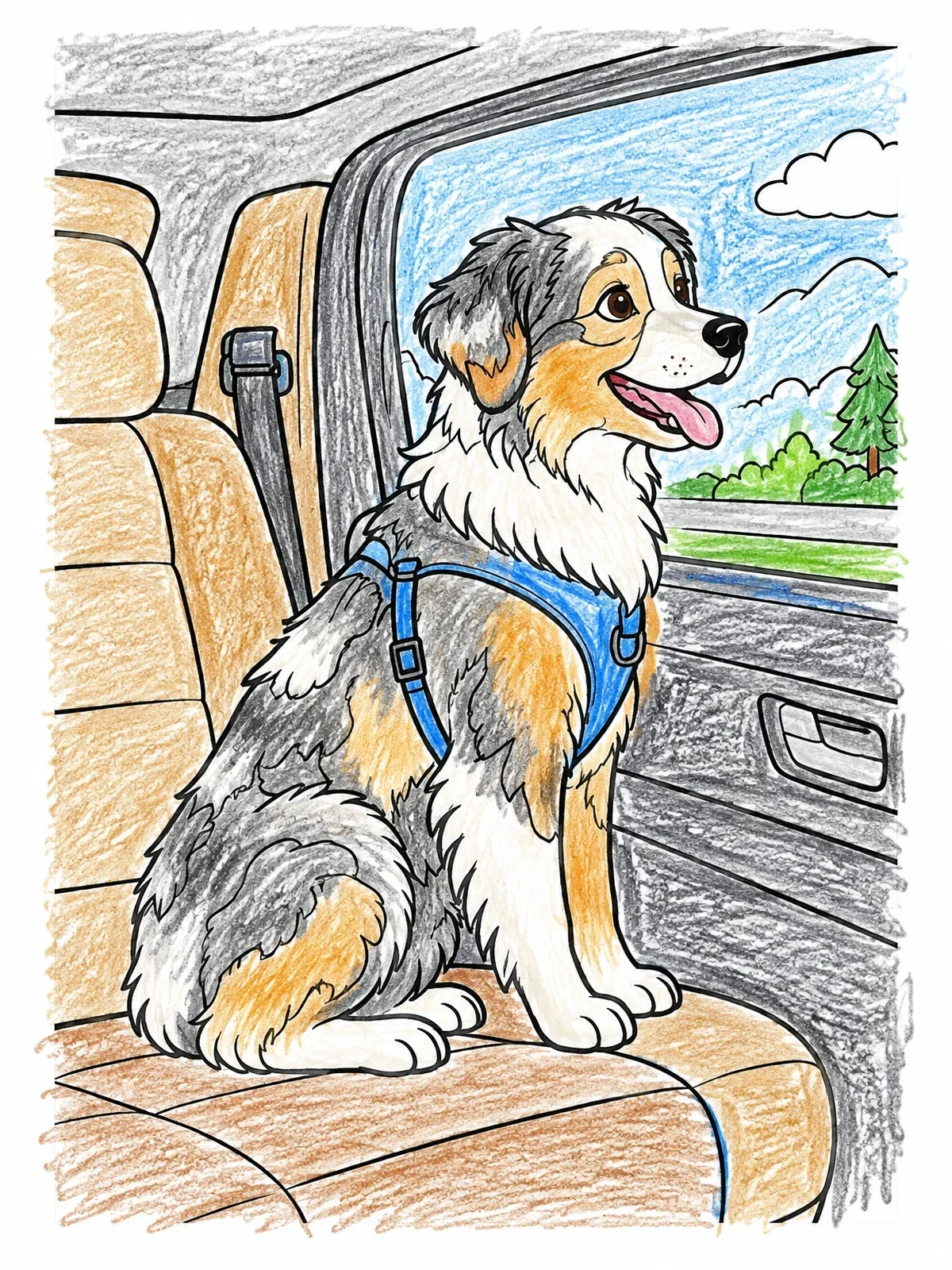 Colored example of the Australian Shepherd On A Car Trip coloring page