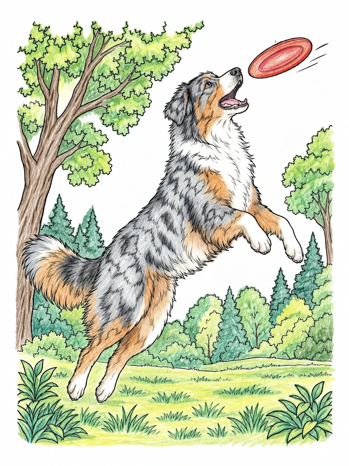 Colored example of the Playful Australian Shepherd Catching Disc coloring page