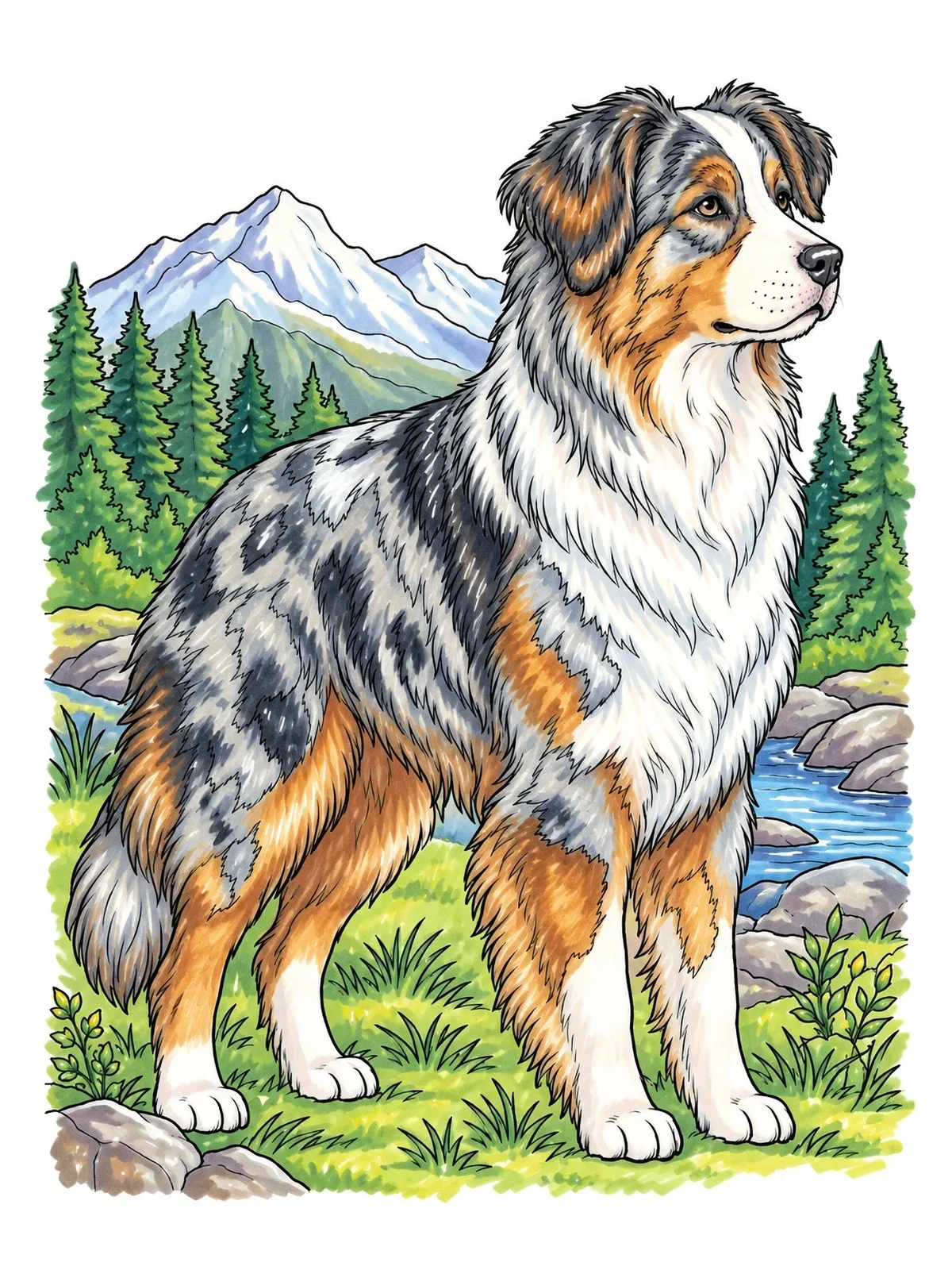 Colored example of the Australian Shepherd In Mountain Landscape coloring page