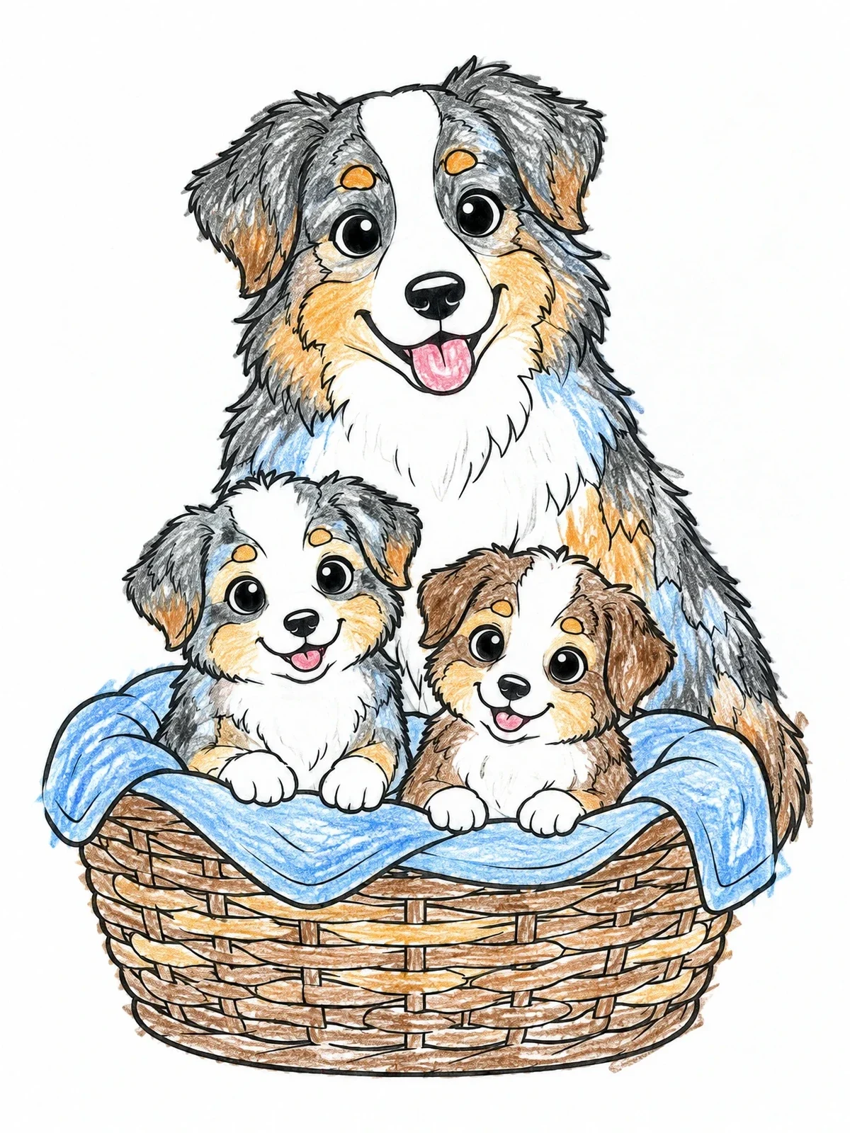 Colored example of the Australian Shepherd With Puppies In Basket coloring page