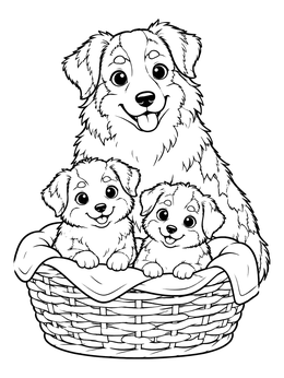 Free printable Australian Shepherd With Puppies In Basket coloring page