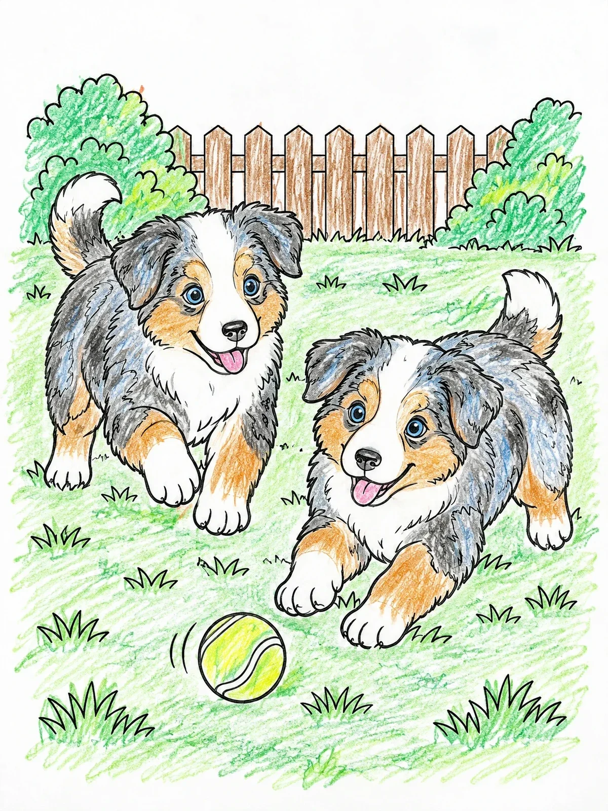 Colored example of the Australian Shepherd Puppies Playing With Ball coloring page