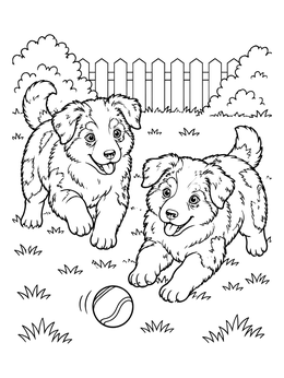 Free printable Australian Shepherd Puppies Playing With Ball coloring page