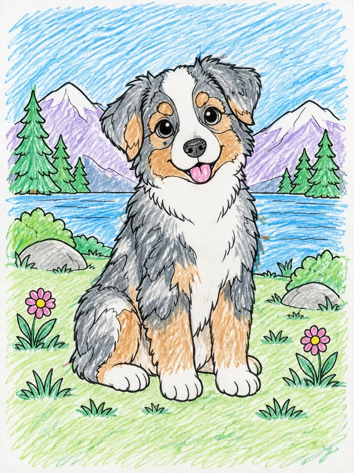 Colored example of the Australian Shepherd Puppy In Nature coloring page
