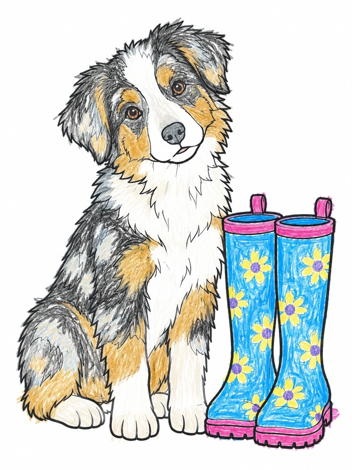 Colored example of the Australian Shepherd Puppy With Rain Boots coloring page