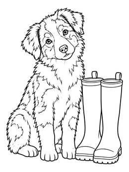Free printable Australian Shepherd Puppy With Rain Boots coloring page