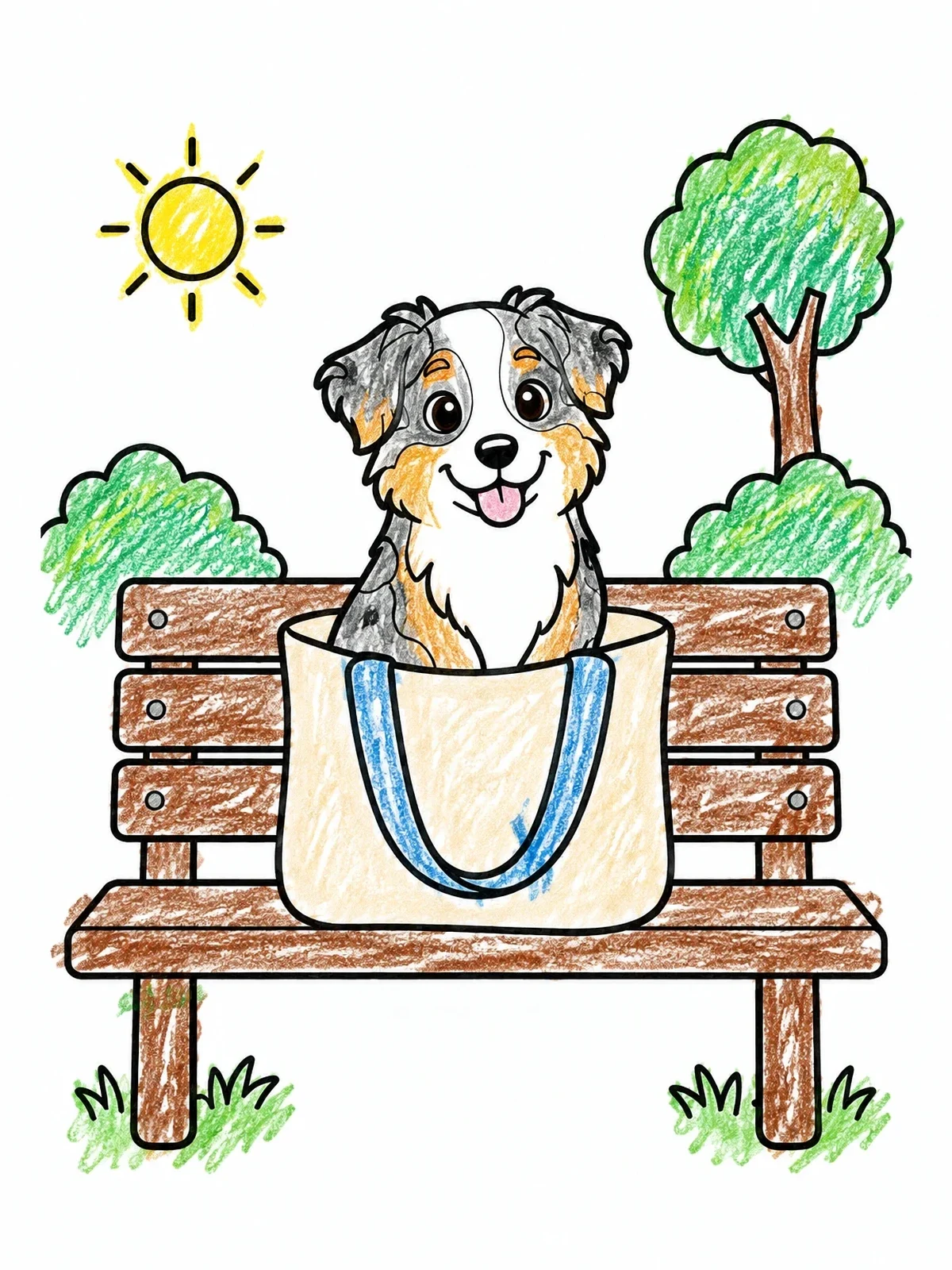 Colored example of the Puppy In A Park Tote Bag coloring page