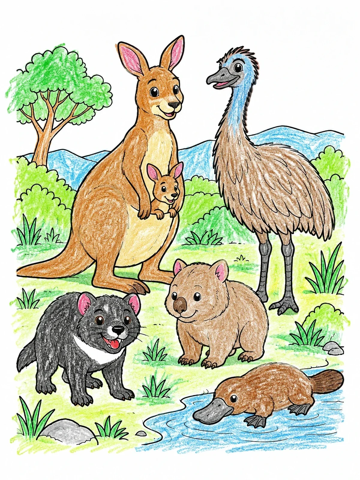 Colored example of the Australian Wildlife Gathering In Nature coloring page