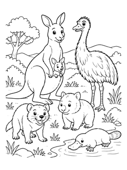 A friendly kangaroo, emu, wombat, platypus, and tasmanian devil on this australian animals coloring page.