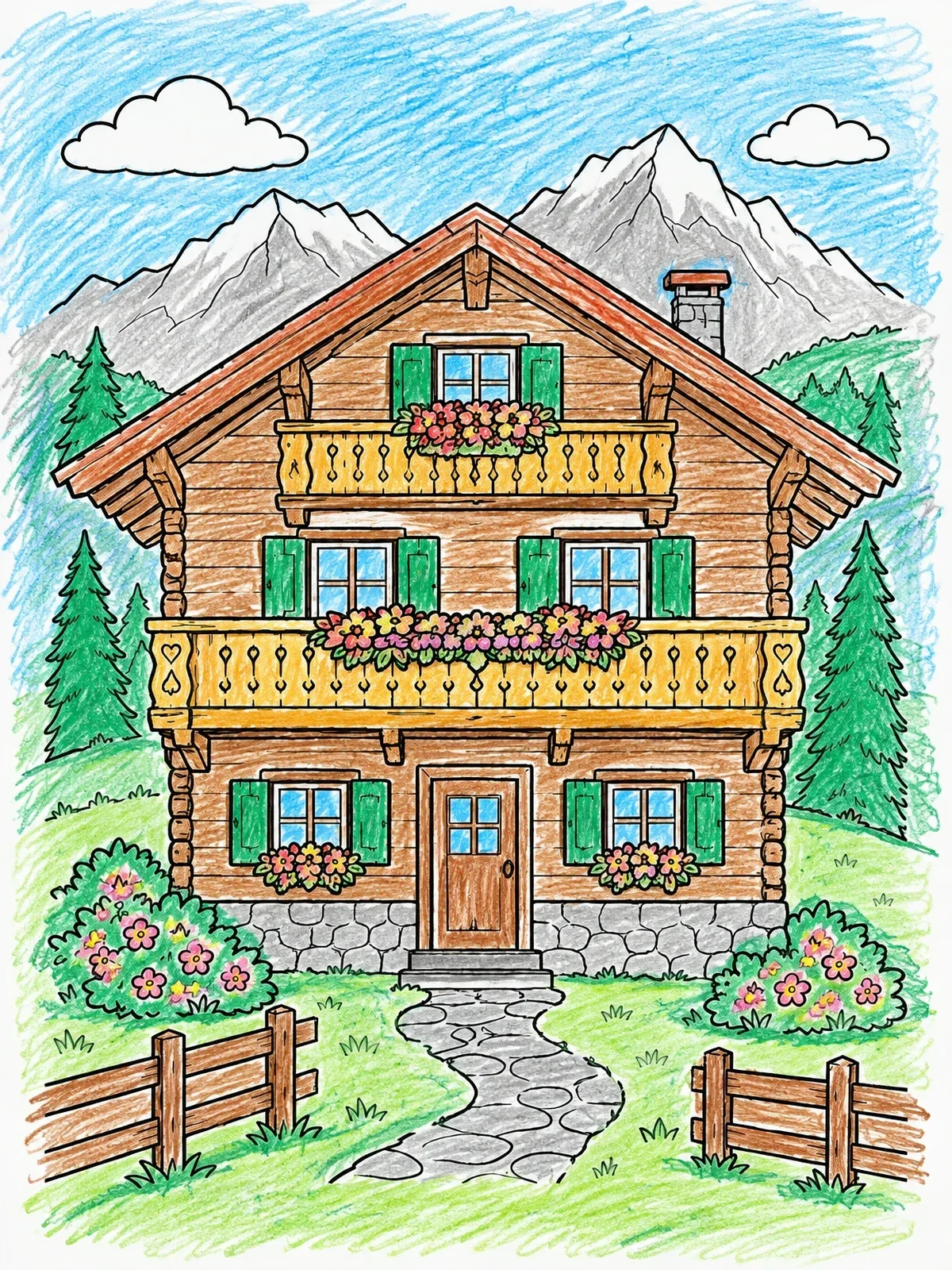 Colored example of the Alpine Chalet In The Mountains coloring page