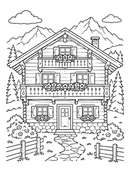 Free printable Alpine Chalet In The Mountains coloring page