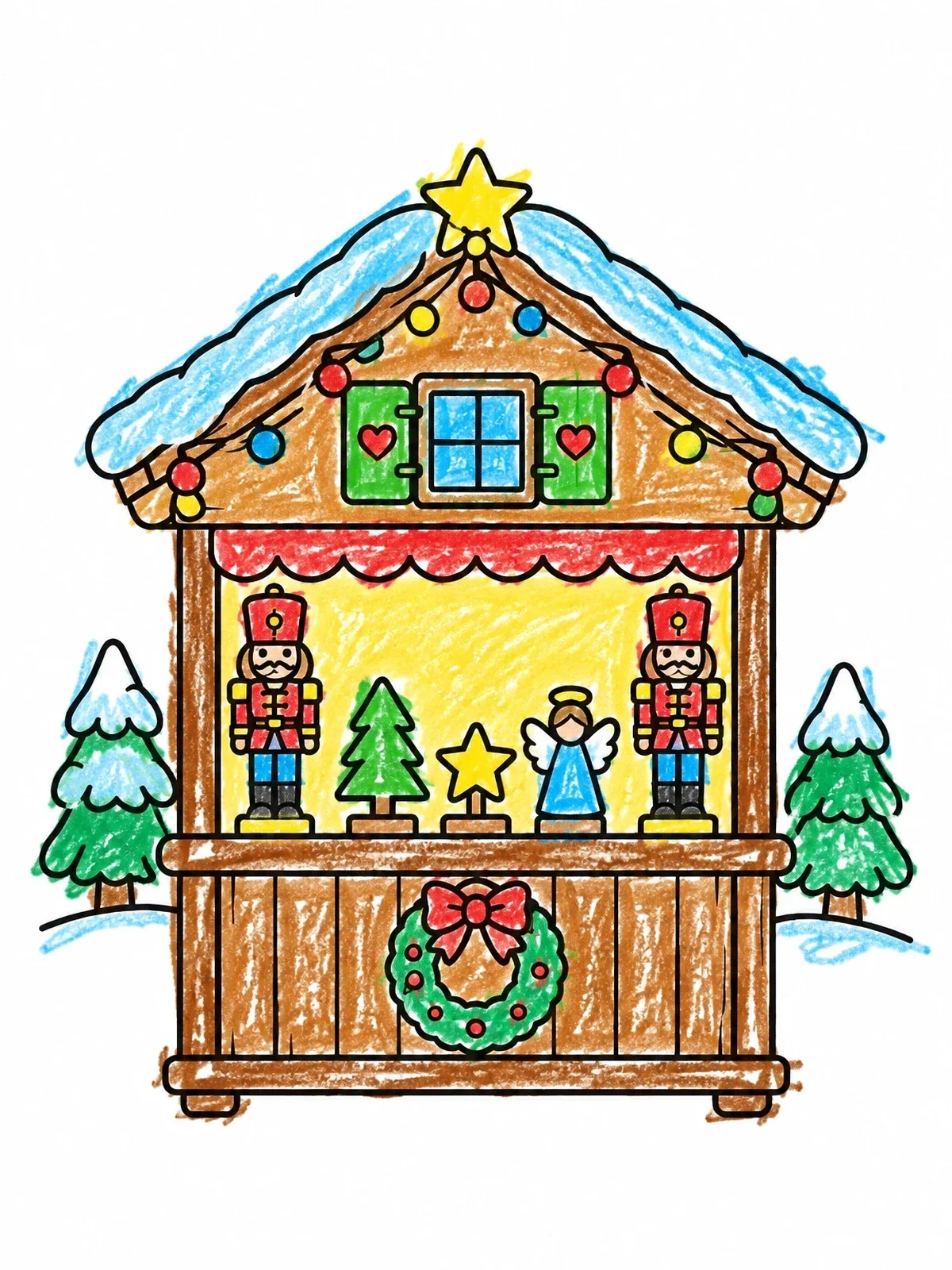 Colored example of the Alpine Christmas Market Stall coloring page