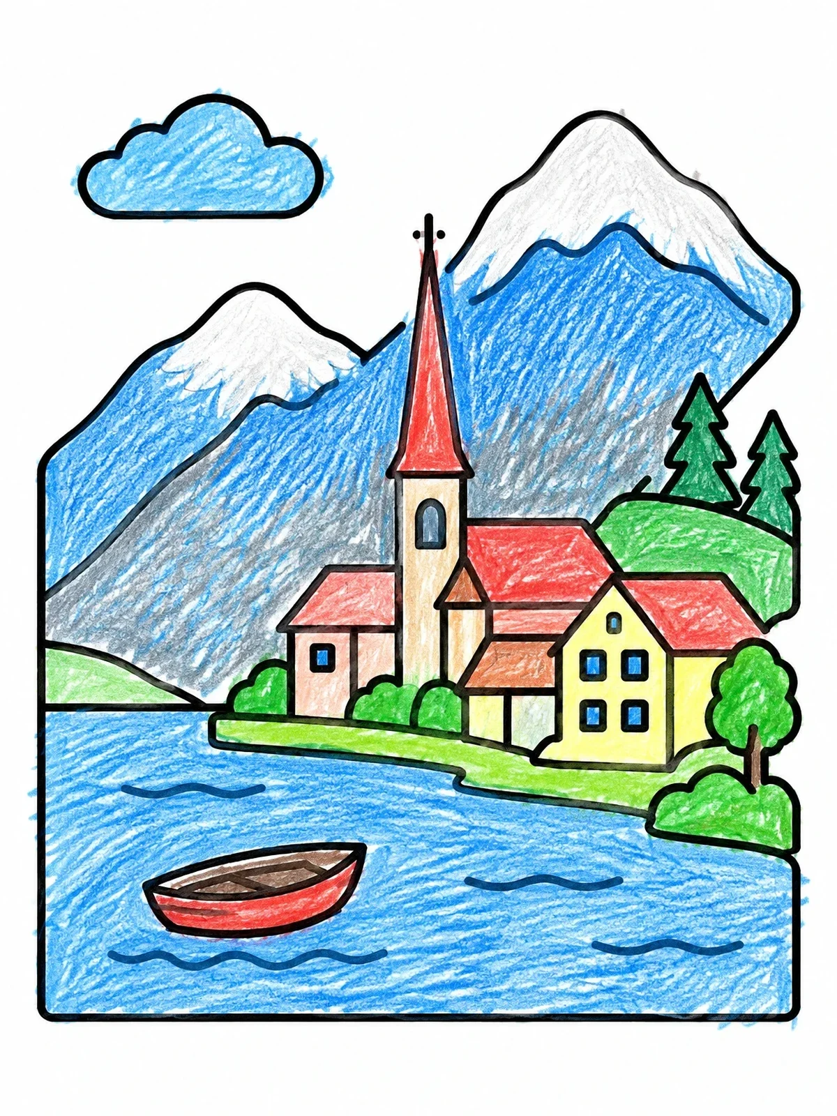 Colored example of the Alpine Lakeside Village With Church coloring page