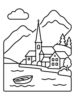 Free printable Alpine Lakeside Village With Church coloring page
