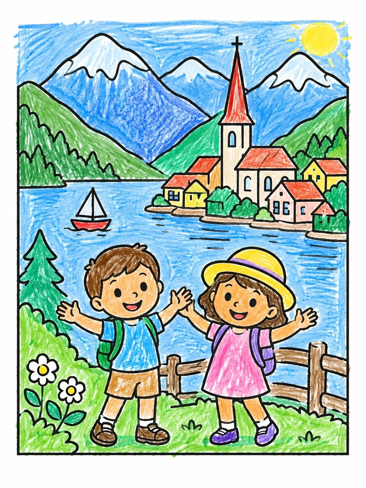 Colored example of the Children Hiking By An Alpine Village coloring page