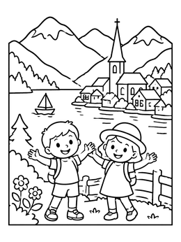 Free printable Children Hiking By An Alpine Village coloring page