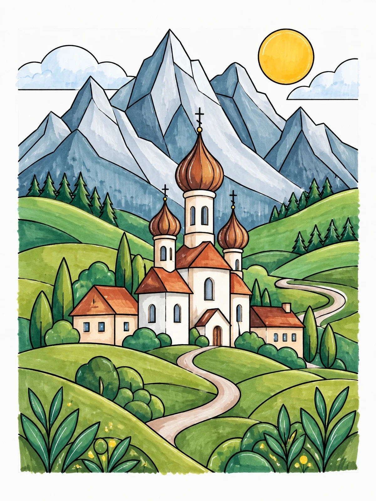 Colored example of the Alpine Village With Onion Dome Church coloring page