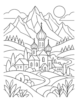 An austria coloring page showing an Alpine village church with onion domes set against tall mountain peaks.