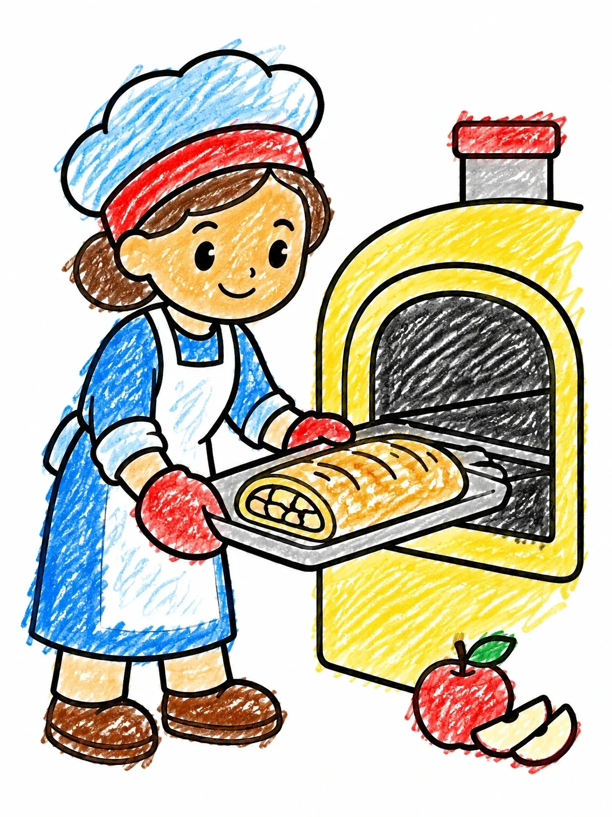 Colored example of the Baker With Fresh Apple Strudel coloring page