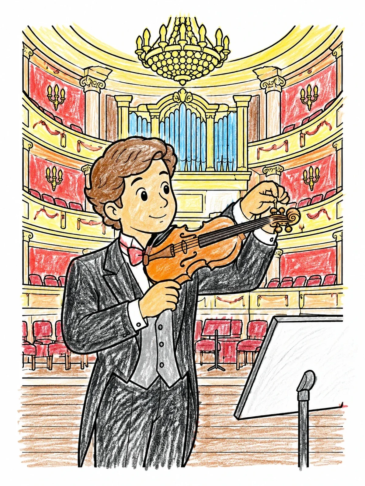 Colored example of the Violinist In An Ornate Concert Hall coloring page