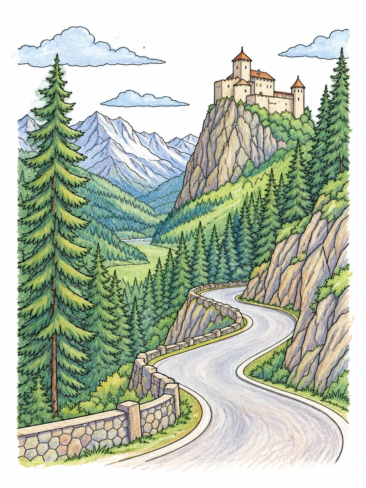 Colored example of the Alpine Mountain Road And Fortress coloring page