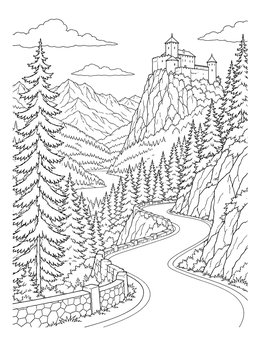 A scenic mountain pass in this austria coloring page leads toward a medieval castle perched high above the pines.