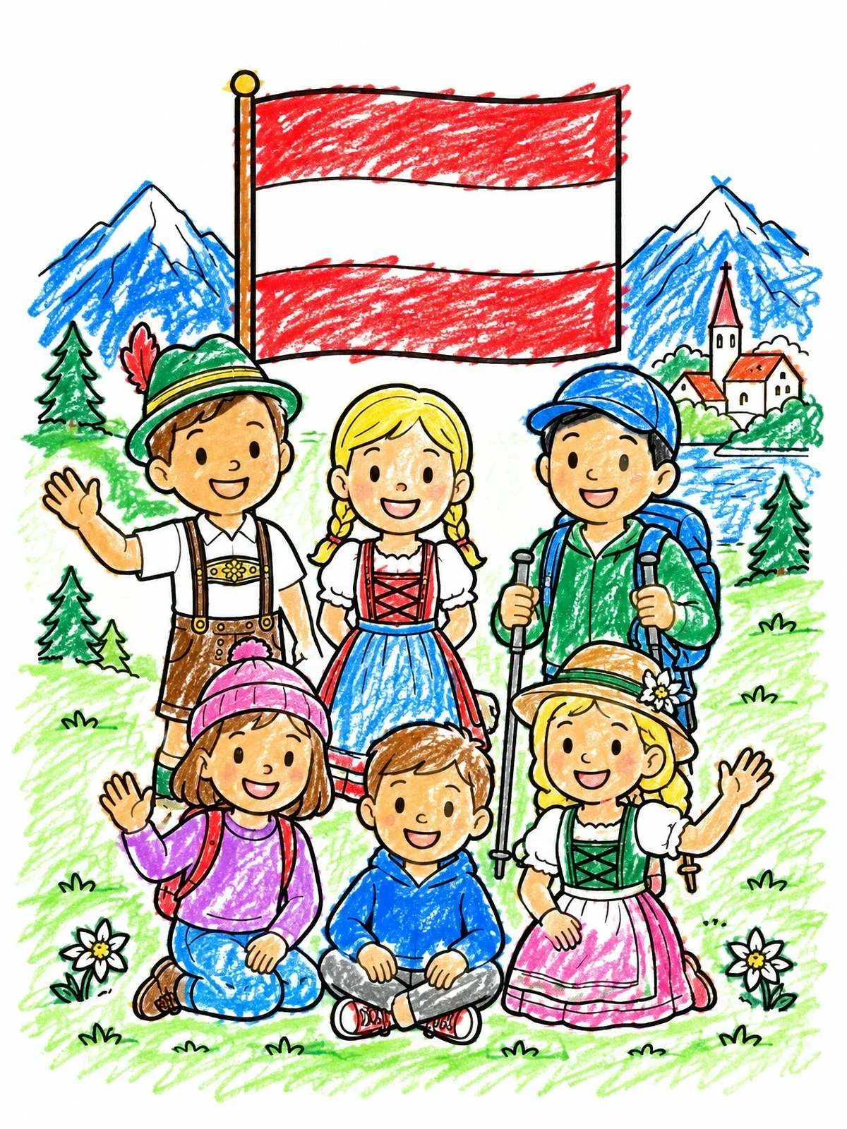 Colored example of the Children With Austrian Flag In The Alps coloring page