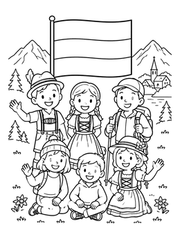 Free printable Children With Austrian Flag In The Alps coloring page
