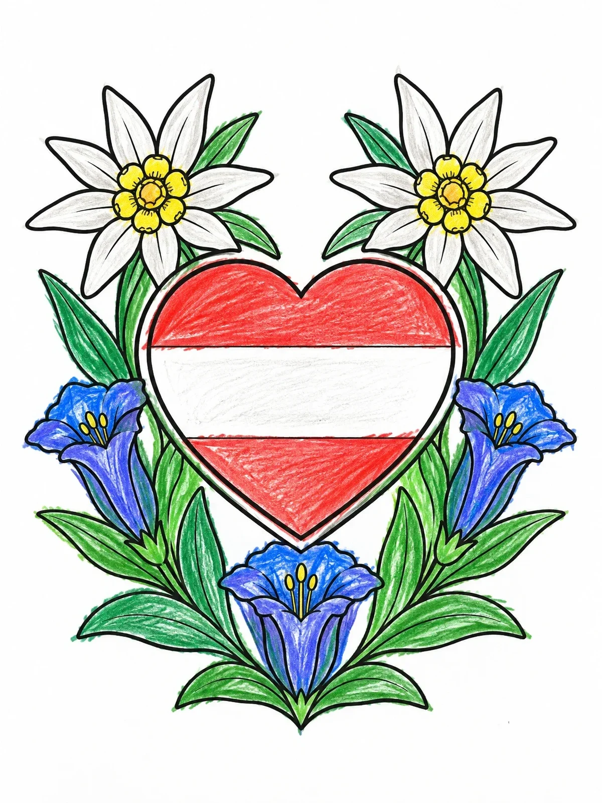 Colored example of the Austrian Flag Heart And Alpine Flowers coloring page