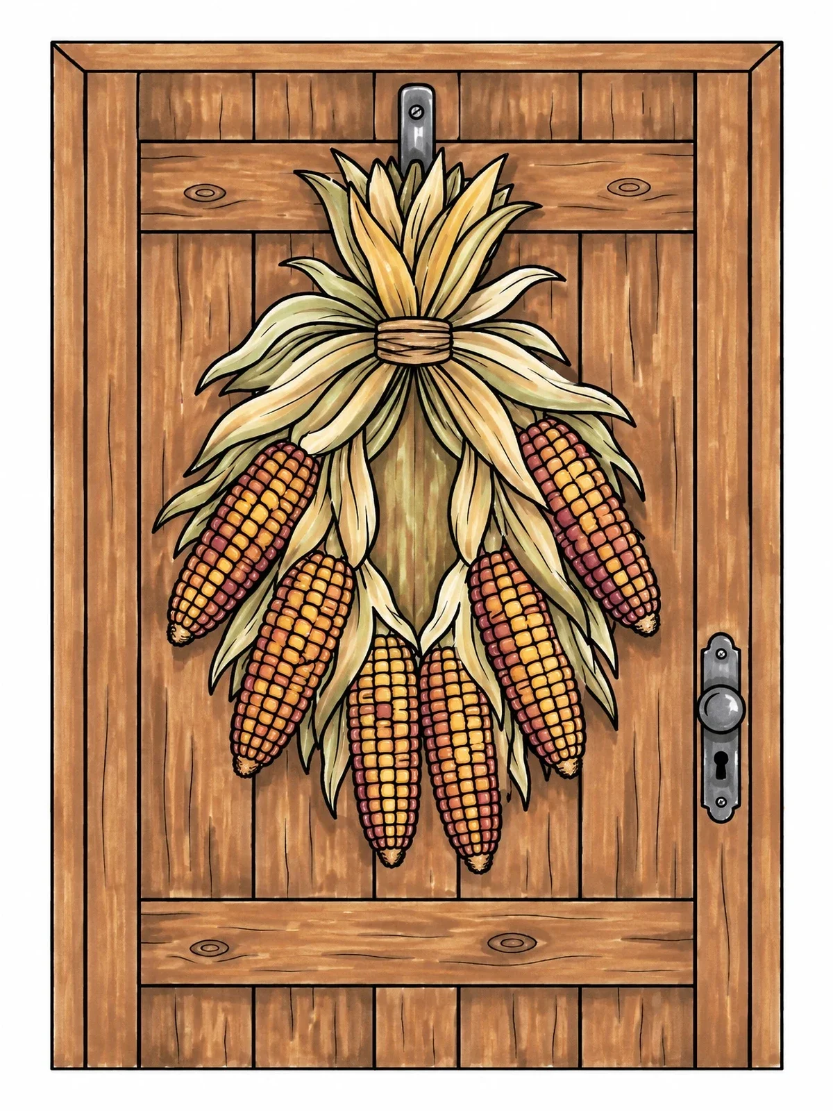 Colored example of the Decorative Autumn Corn Door Wreath coloring page