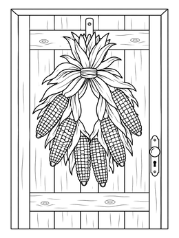 A rustic wooden door adorned with ears of harvest corn coloring page.