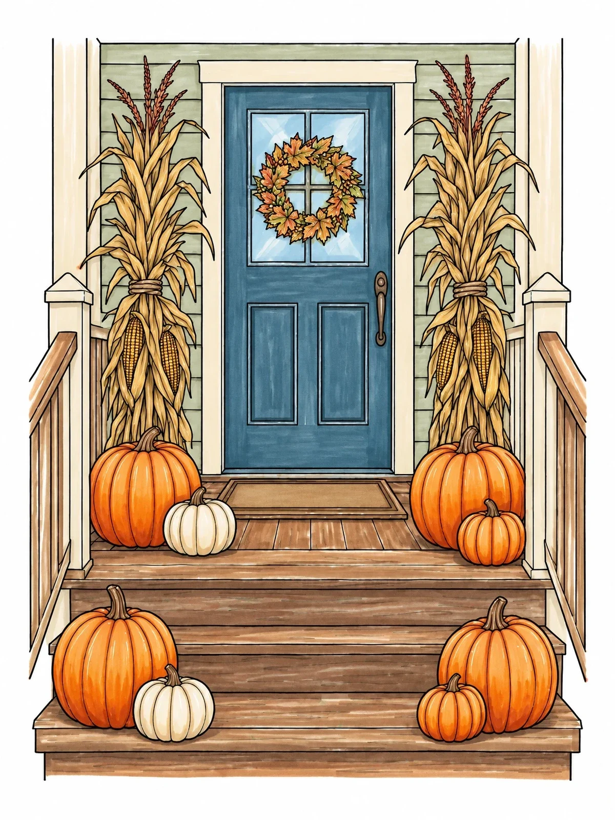 Colored example of the Autumn Porch With Pumpkins And Cornstalks coloring page