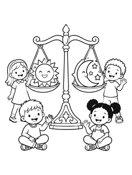 Free printable Equinox Balance Scale With Cheerful Kids coloring page