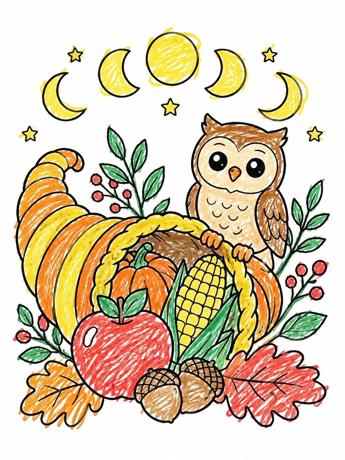 Colored example of the Harvest Cornucopia And Cute Owl coloring page