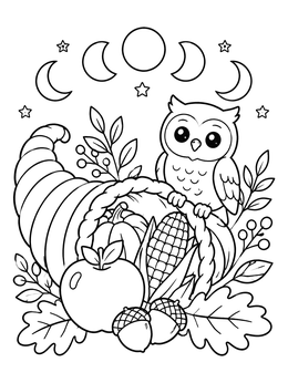 Free printable Harvest Cornucopia And Cute Owl coloring page