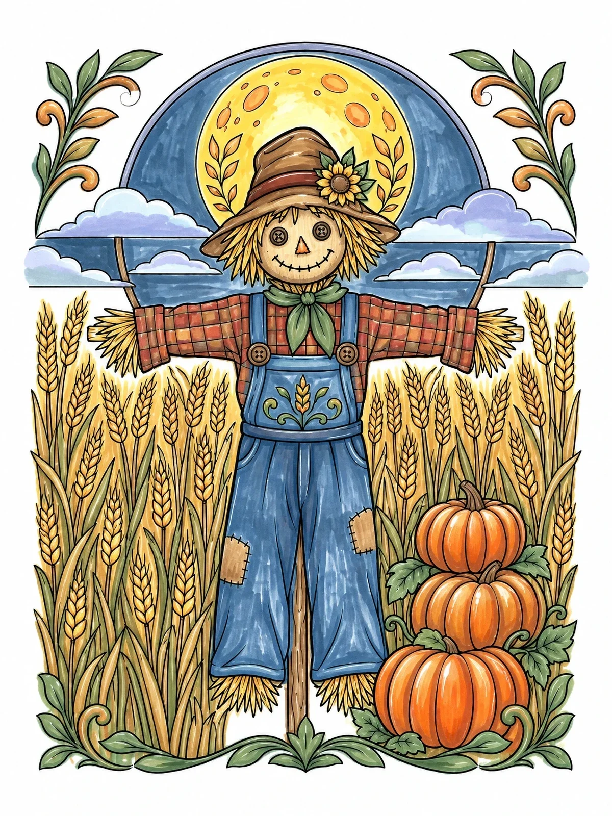 Colored example of the Harvest Scarecrow In Wheat Field coloring page