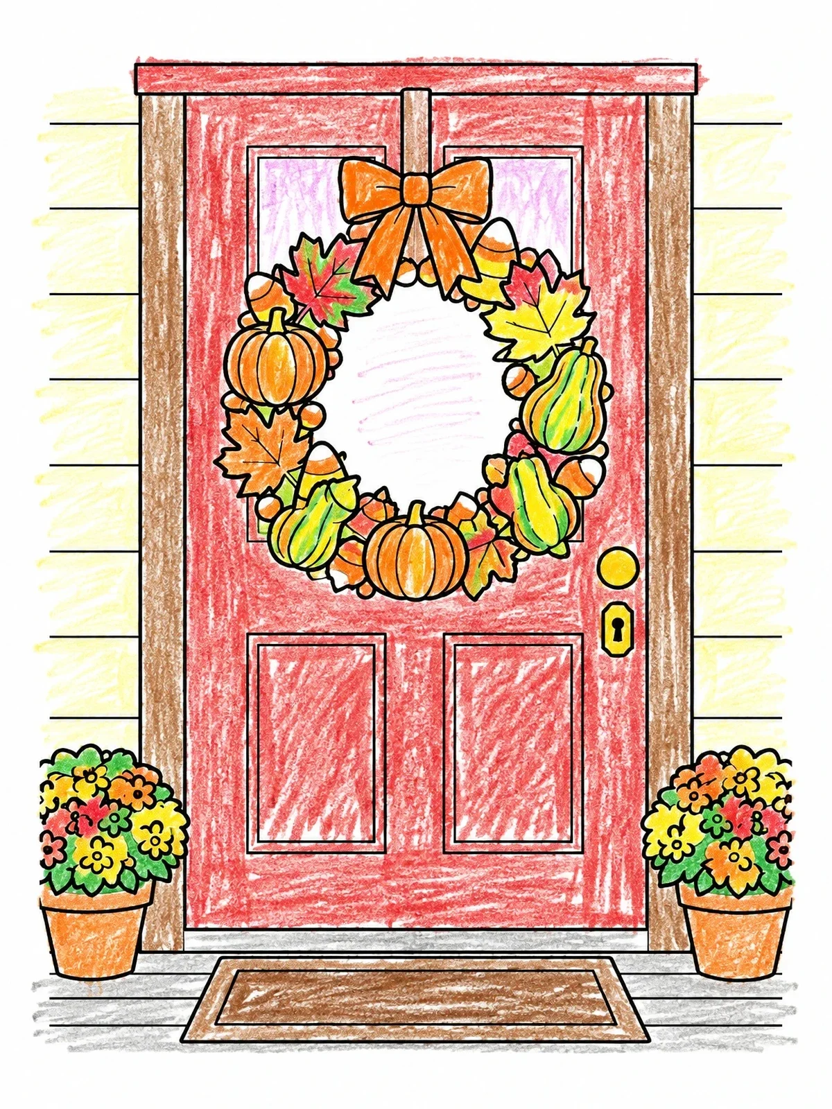 Colored example of the Autumn Front Door Wreath coloring page