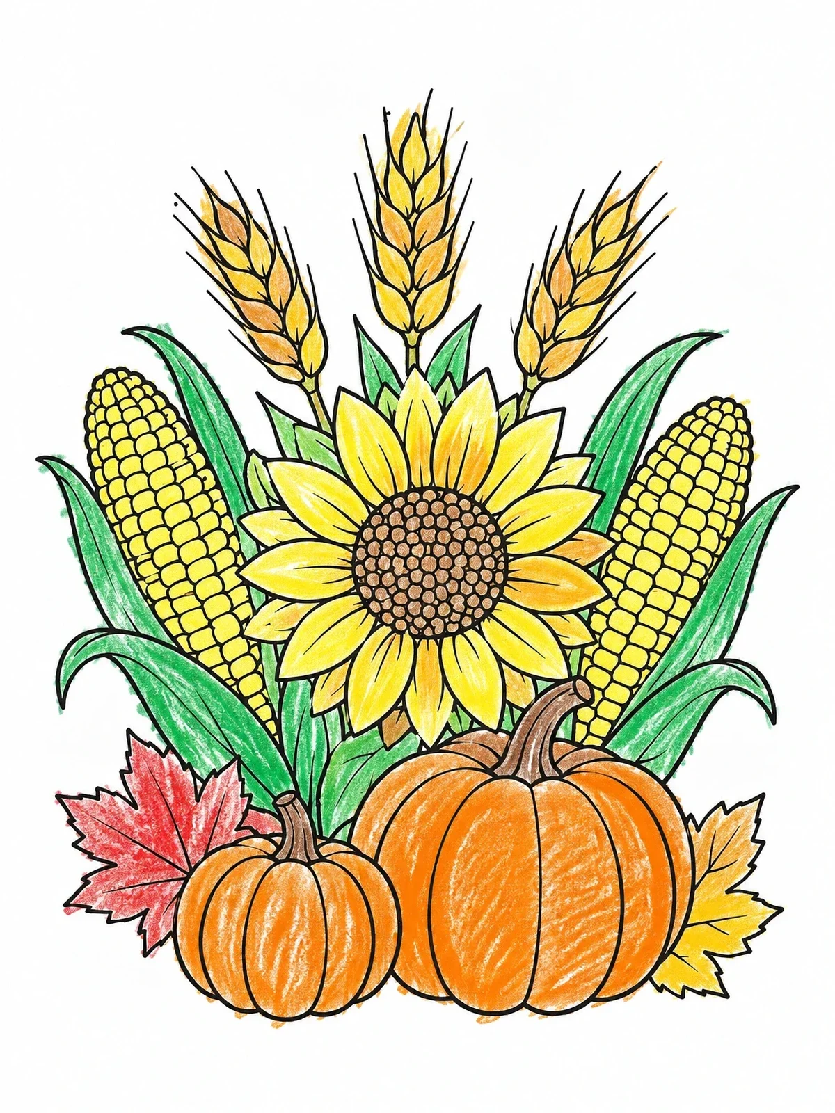 Colored example of the Autumn Harvest Corn And Sunflower coloring page