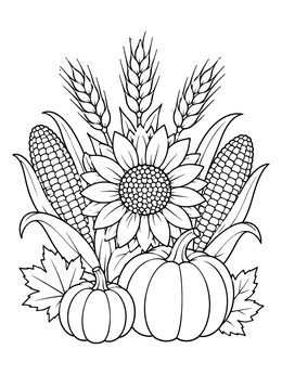 An autumn harvest arrangement on this corn coloring page with pumpkins and a sunflower.