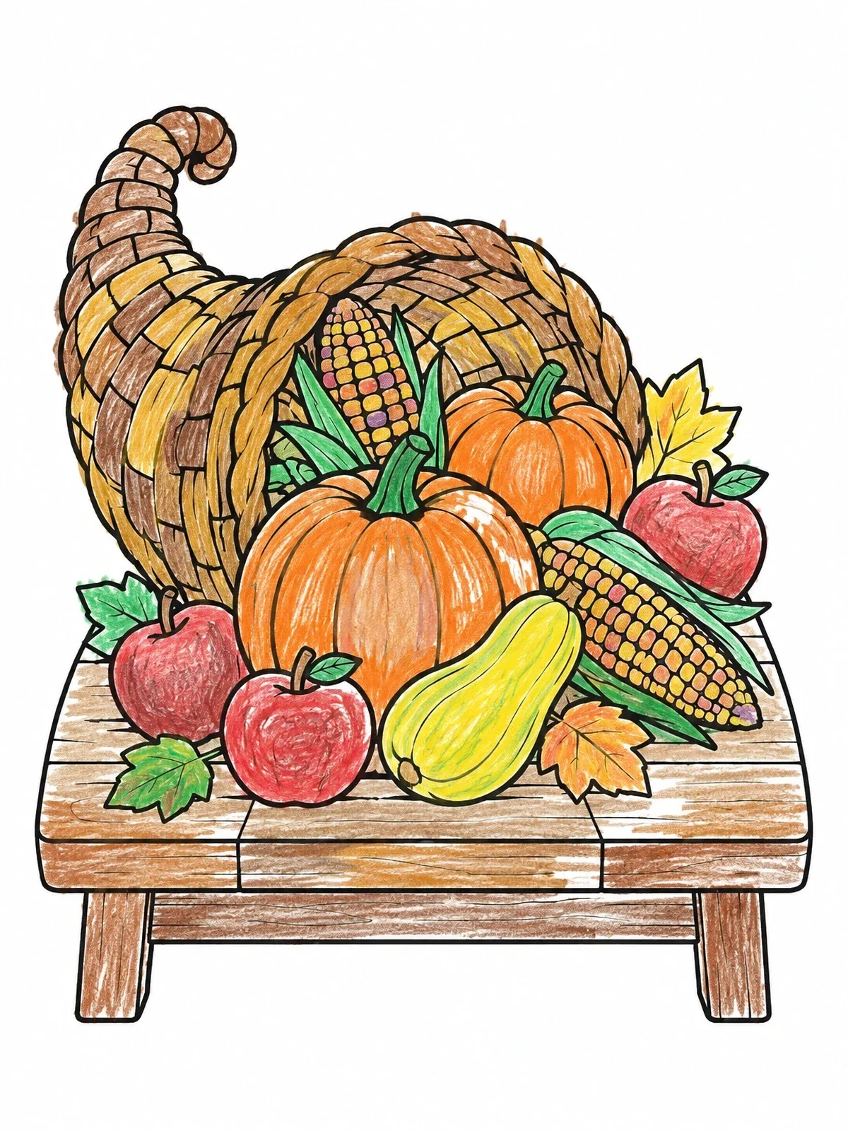 Colored example of the Harvest Cornucopia On Wooden Bench coloring page