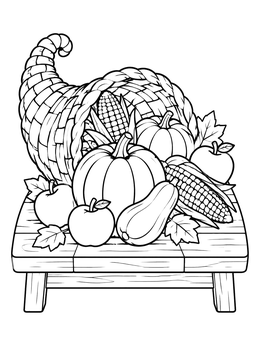 Free printable Harvest Cornucopia On Wooden Bench coloring page
