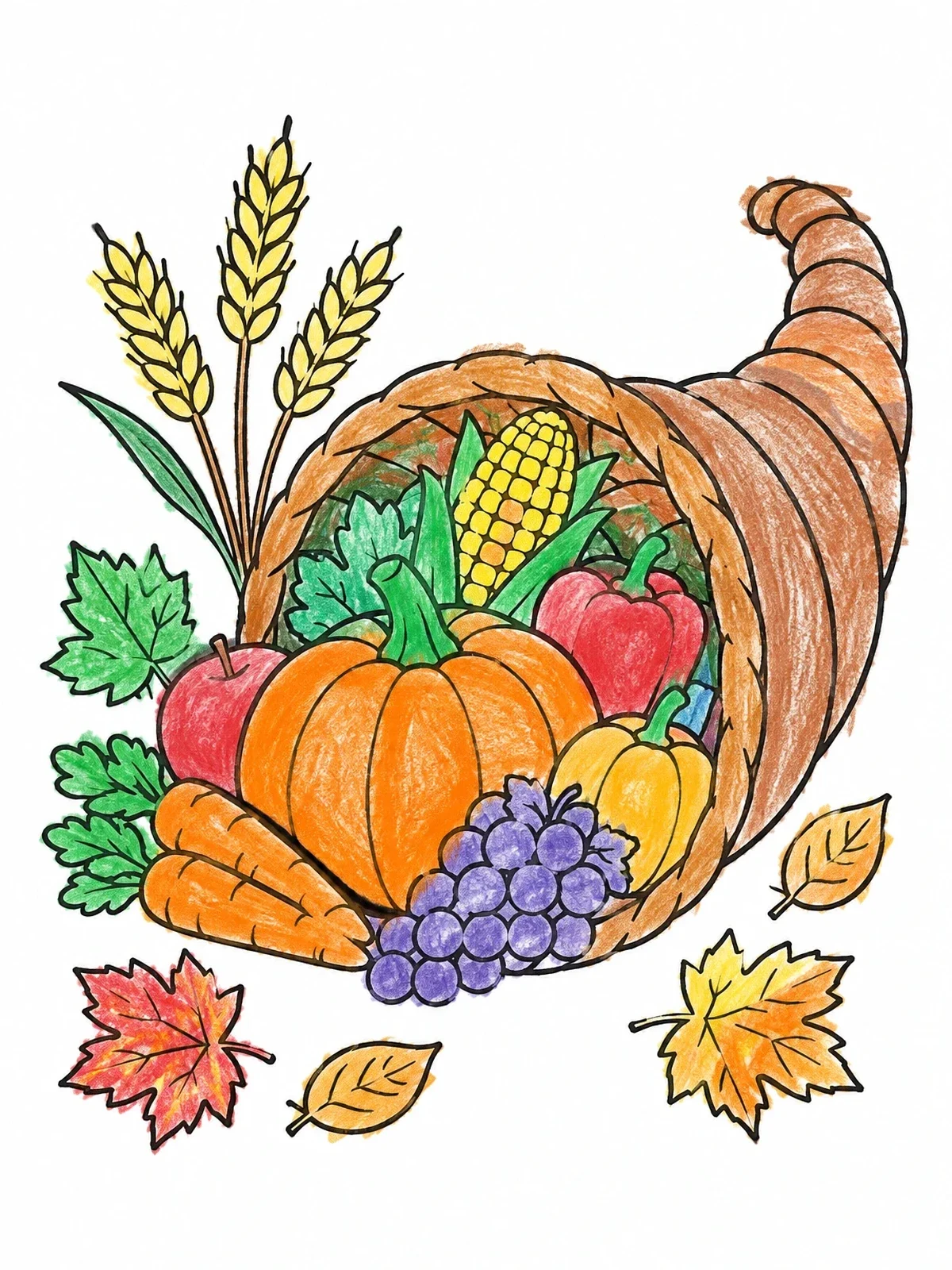 Colored example of the Autumn Harvest Cornucopia With Vegetables coloring page